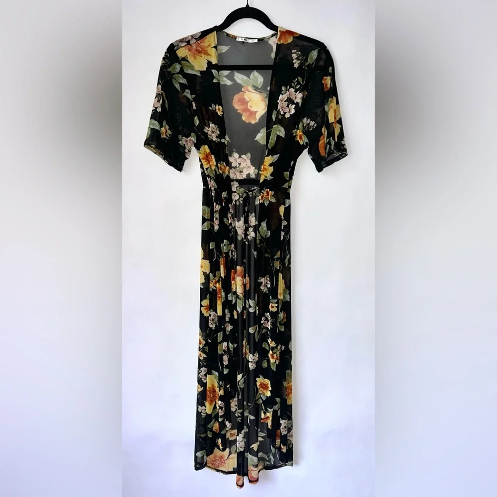 3rd + Malt black floral print sheer‎ duster cardigan cover-up with drawstring M